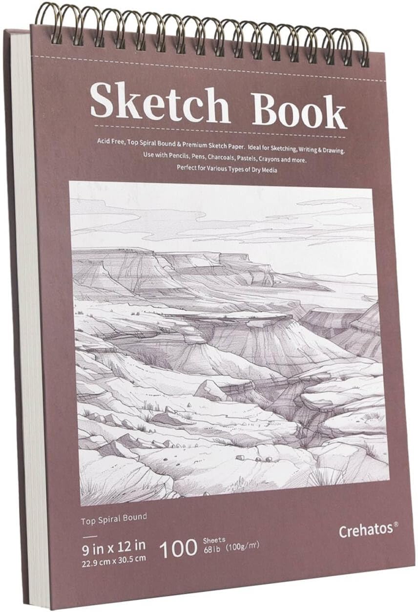 Crehatos 9" x 12" Sketch Book, Top Spiral Bound Sketch Pad